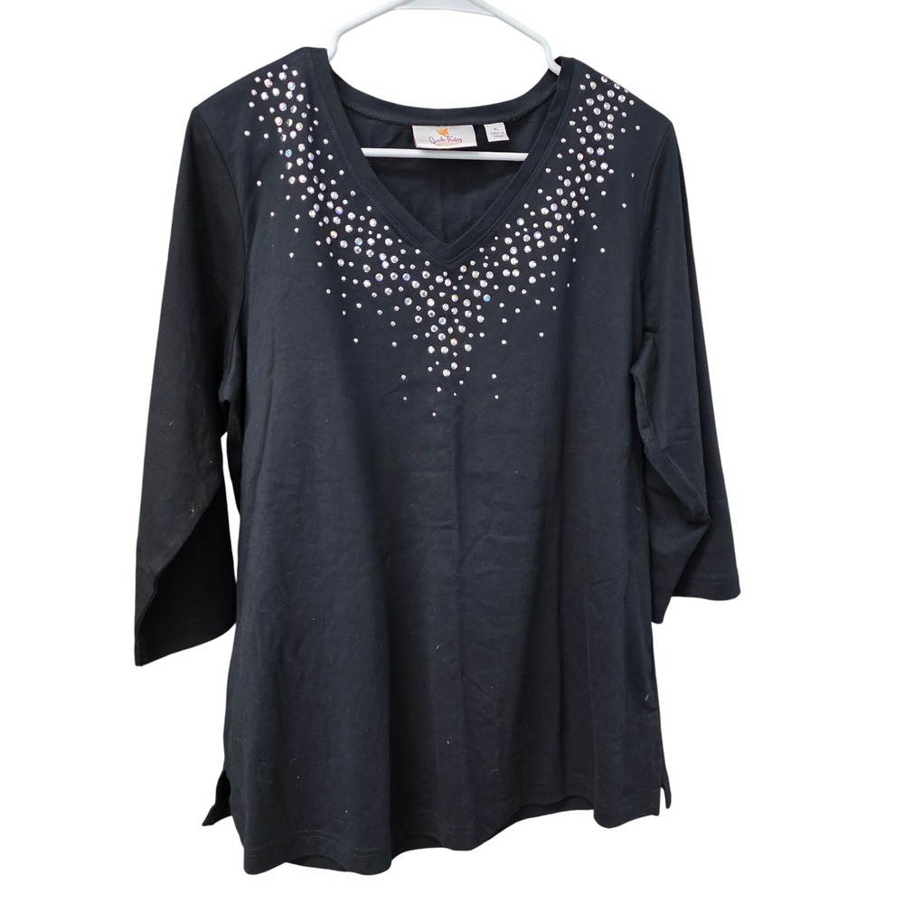 Quacker Factory Black Rhinestone V-Neck 3/4 Sleeve Cotton Top XL RN 117150